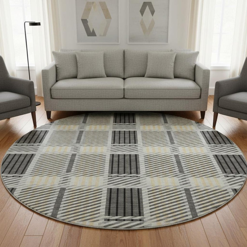 HomeRoots 8' Gray Beige and Ivory Plaid Washable Round Rug – Durable, Stain Resistant, UV Protected Design for Homes 678721