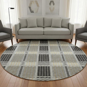 HomeRoots 8' Gray Beige and Ivory Plaid Washable Round Rug – Durable, Stain Resistant, UV Protected Design for Homes 678721