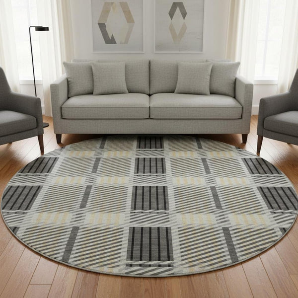 HomeRoots 8' Gray Beige and Ivory Plaid Washable Round Rug – Durable, Stain Resistant, UV Protected Design for Homes 678721