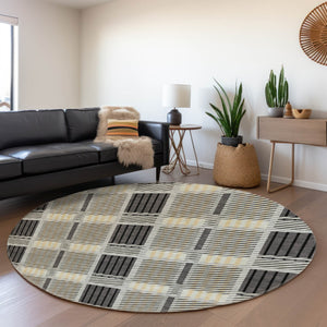 HomeRoots 8' Gray Beige and Ivory Plaid Washable Round Rug – Durable, Stain Resistant, UV Protected Design for Homes 678721
