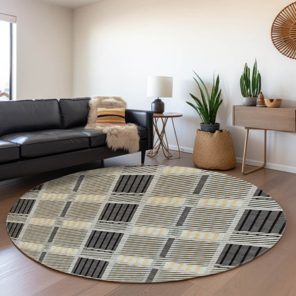 HomeRoots 8' Gray Beige and Ivory Plaid Washable Round Rug – Durable, Stain Resistant, UV Protected Design for Homes 678721