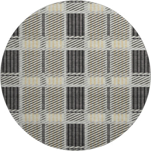 HomeRoots 8' Gray Beige and Ivory Plaid Washable Round Rug – Durable, Stain Resistant, UV Protected Design for Homes 678721