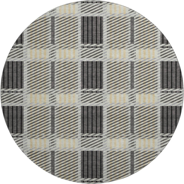 HomeRoots 8' Gray Beige and Ivory Plaid Washable Round Rug – Durable, Stain Resistant, UV Protected Design for Homes 678721