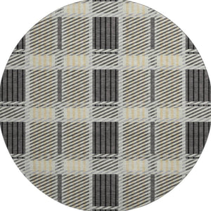 HomeRoots 8' Gray Beige and Ivory Plaid Washable Round Rug – Durable, Stain Resistant, UV Protected Design for Homes 678721