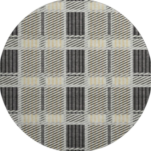HomeRoots 8' Gray Beige and Ivory Plaid Washable Round Rug – Durable, Stain Resistant, UV Protected Design for Homes 678721