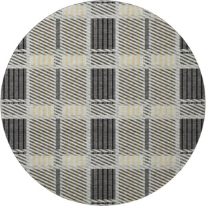 HomeRoots 8' Gray Beige and Ivory Plaid Washable Round Rug – Durable, Stain Resistant, UV Protected Design for Homes 678721
