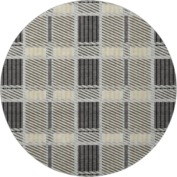 HomeRoots 8' Gray Beige and Ivory Plaid Washable Round Rug – Durable, Stain Resistant, UV Protected Design for Homes 678721