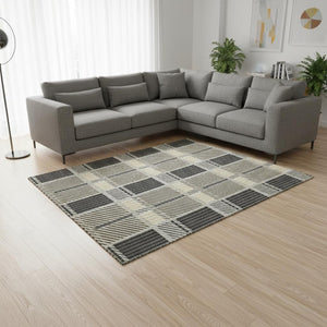 HomeRoots 8' X 10' Gray Beige Ivory Plaid Washable Rug - UV Protected, Stain Resistant, Perfect for Busy Homes! 678722