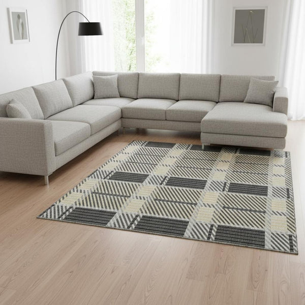 HomeRoots 9' X 12' Durable Gray Beige Ivory Plaid Washable Area Rug with UV Protection for High-Traffic Homes 678723