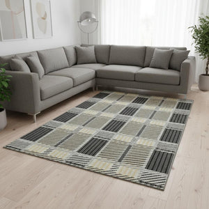 HomeRoots 10' X 14' Gray Beige Ivory Plaid Area Rug - Durable, Washable, UV Protected for Homes with Kids & Pets 678724