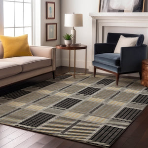 HomeRoots 10' X 14' Gray Beige Ivory Plaid Area Rug - Durable, Washable, UV Protected for Homes with Kids & Pets 678724