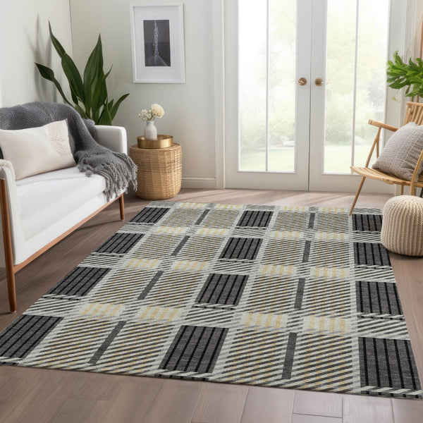 HomeRoots 10' X 14' Gray Beige Ivory Plaid Area Rug - Durable, Washable, UV Protected for Homes with Kids & Pets 678724