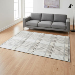 HomeRoots 5' X 8' Washable Ivory, Taupe & Gray Plaid Area Rug - Stain-Resistant, UV Protected for Homes! 678726