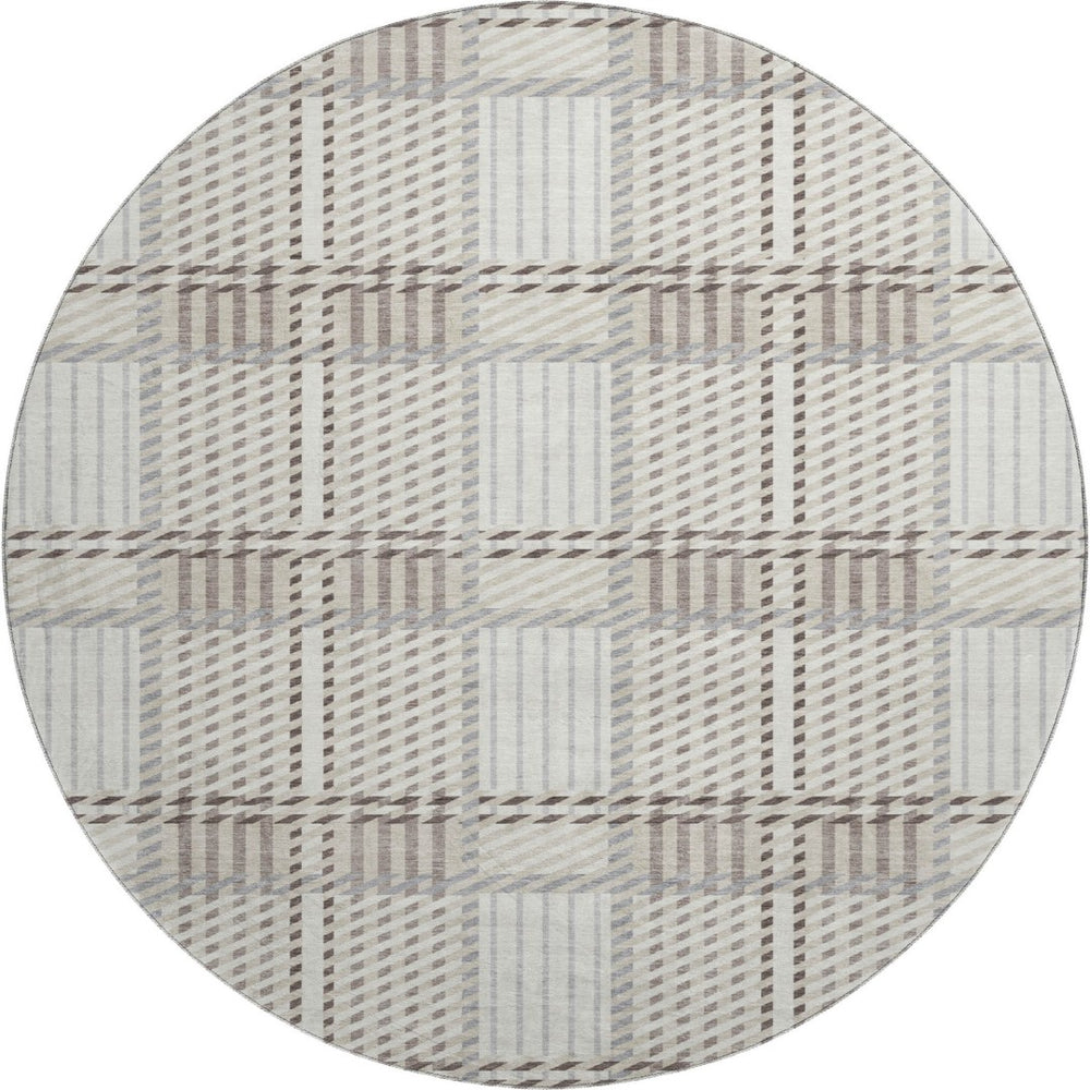 HomeRoots 8' Ivory Taupe and Gray Plaid Washable Round Rug with UV Protection for High-Traffic Spaces 678727