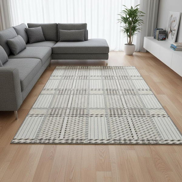 HomeRoots 8' X 10' Ivory Taupe Gray Plaid Washable Area Rug - Durable, Stylish, Perfect for High-Traffic Homes 678728