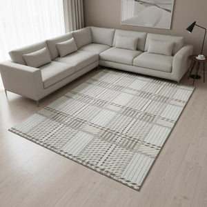 HomeRoots 9' X 12' Washable Ivory Taupe Gray Plaid Area Rug with UV Protection - Durable, Stain-Resistant Comfort 678729