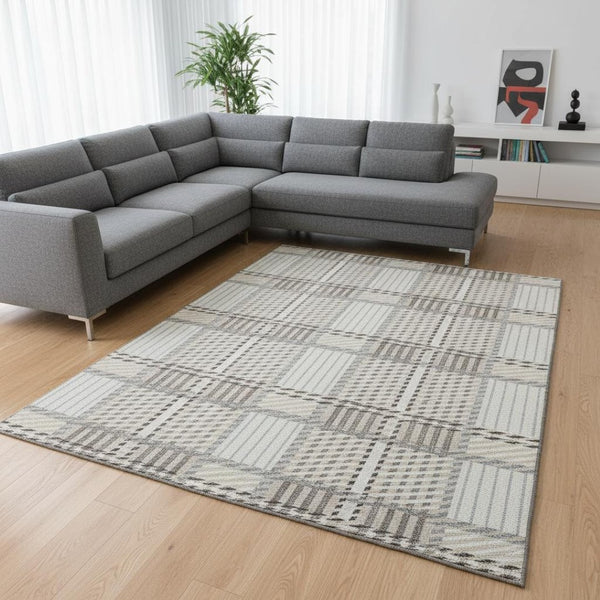 HomeRoots 10' X 14' Ivory Taupe & Gray Plaid Washable Area Rug - Durable, Stain Resistant, UV Protected Design! 678730