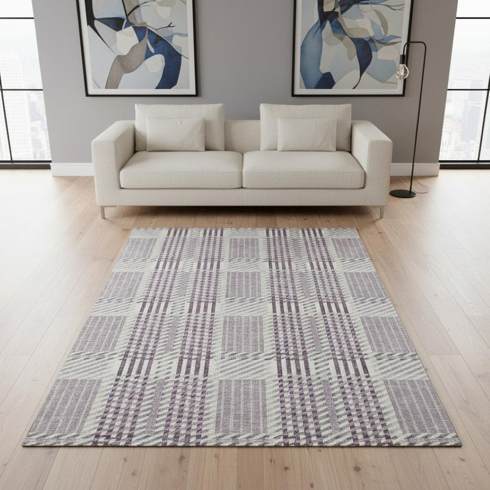 HomeRoots 5' X 8' Lavender Gray & Ivory Plaid Area Rug - Durable, Washable, Stain-Resistant, UV Protected Design 678732