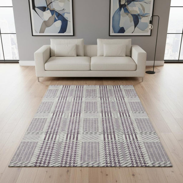 HomeRoots 5' X 8' Lavender Gray & Ivory Plaid Area Rug - Durable, Washable, Stain-Resistant, UV Protected Design 678732