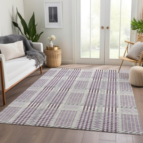 HomeRoots 5' X 8' Lavender Gray & Ivory Plaid Area Rug - Durable, Washable, Stain-Resistant, UV Protected Design 678732