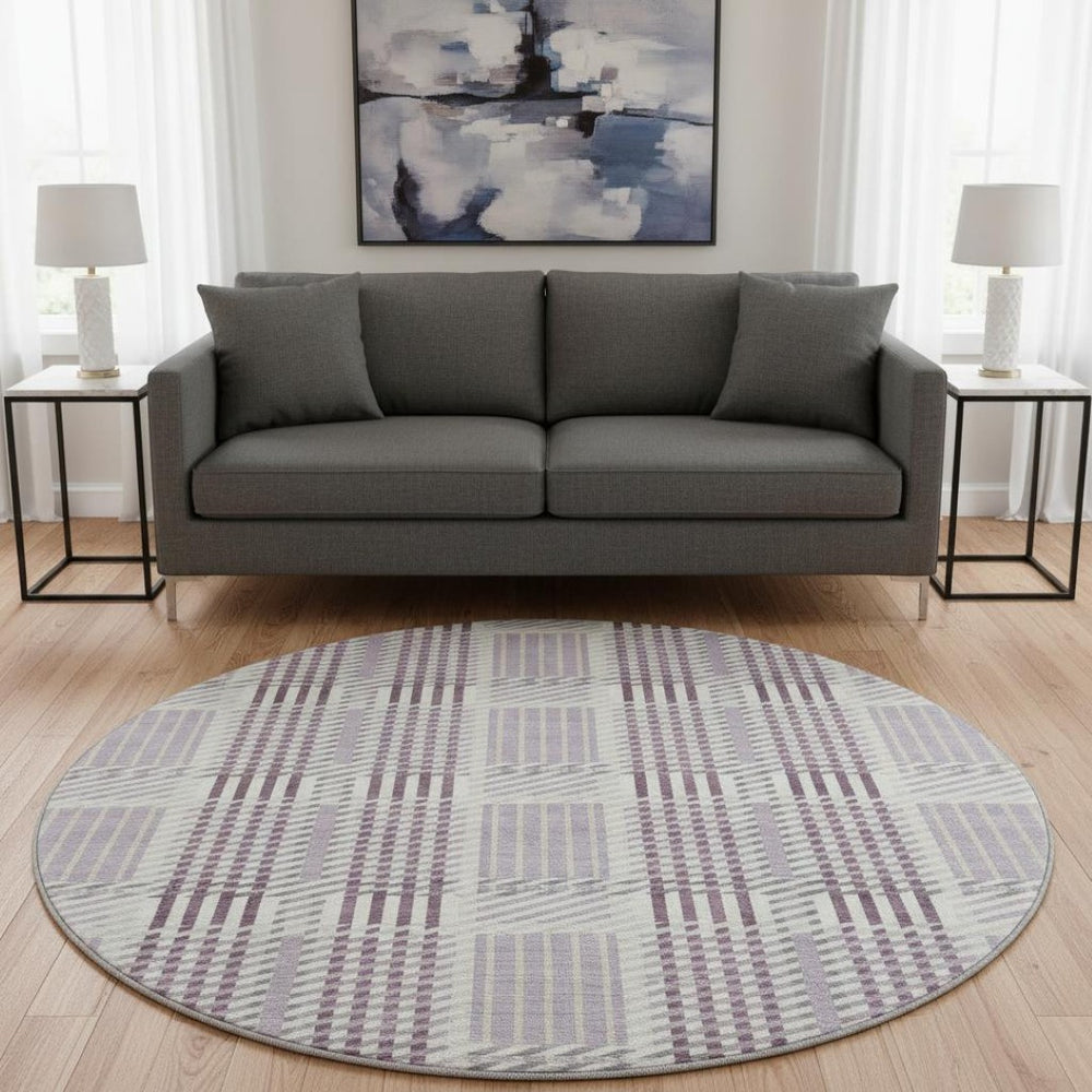 HomeRoots 8' Round Washable Lavender Gray & Ivory Plaid Rug - Durable, Stain Resistant with UV Protection! 678733