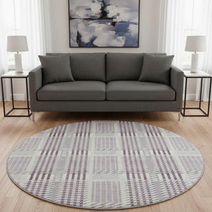 HomeRoots 8' Round Washable Lavender Gray & Ivory Plaid Rug - Durable, Stain Resistant with UV Protection! 678733
