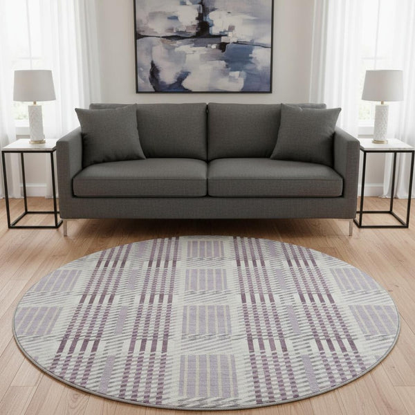HomeRoots 8' Round Washable Lavender Gray & Ivory Plaid Rug - Durable, Stain Resistant with UV Protection! 678733
