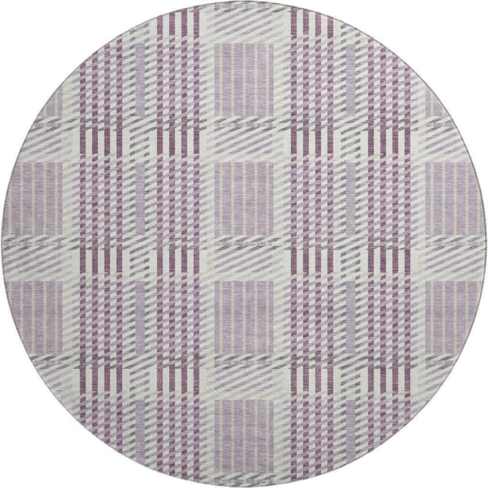 HomeRoots 8' Round Washable Lavender Gray & Ivory Plaid Rug - Durable, Stain Resistant with UV Protection! 678733