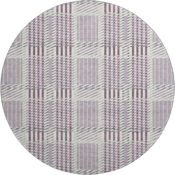 HomeRoots 8' Round Washable Lavender Gray & Ivory Plaid Rug - Durable, Stain Resistant with UV Protection! 678733