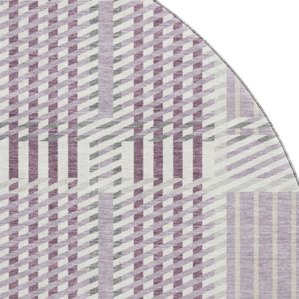 HomeRoots 8' Round Washable Lavender Gray & Ivory Plaid Rug - Durable, Stain Resistant with UV Protection! 678733