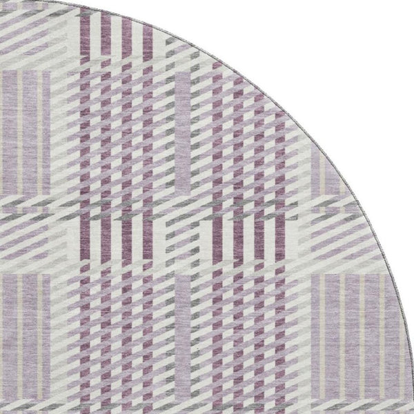 HomeRoots 8' Round Washable Lavender Gray & Ivory Plaid Rug - Durable, Stain Resistant with UV Protection! 678733