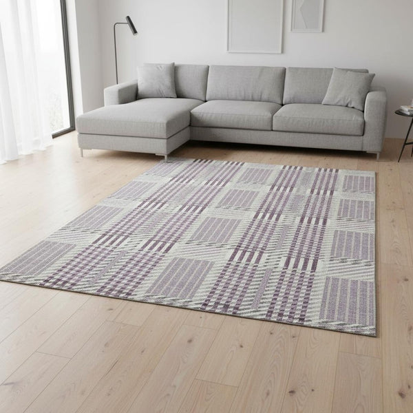 HomeRoots 8' X 10' Stylish Lavender Gray & Ivory Plaid Washable Area Rug with UV Protection for Home Decor 678734