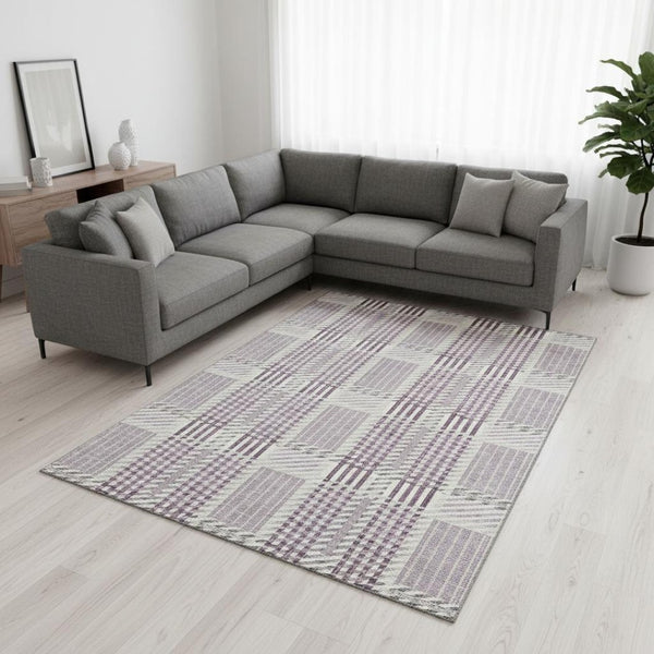 HomeRoots 9' X 12' Elegant Lavender Gray & Ivory Plaid Washable Area Rug with UV Protection for Busy Homes 678735