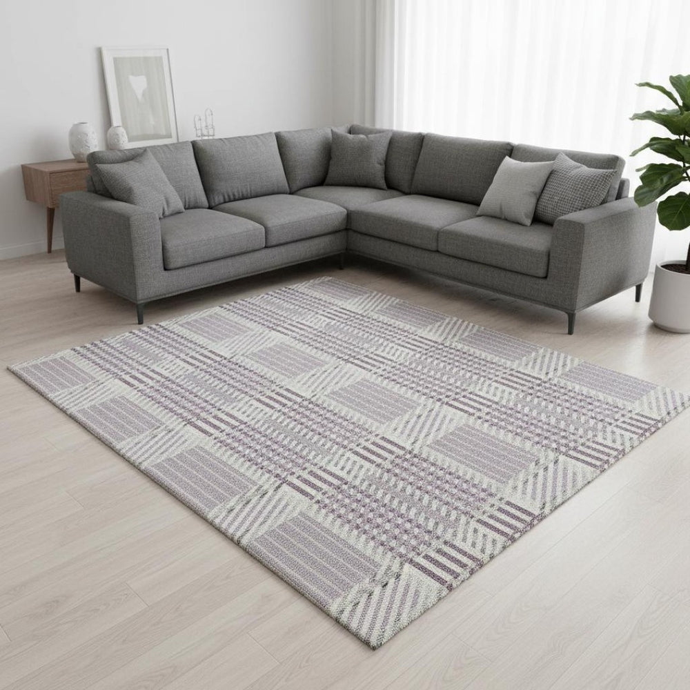 HomeRoots 10' X 14' Lavender Gray & Ivory Plaid Area Rug - Washable, UV-Protected, Stylish & Durable Design 678736