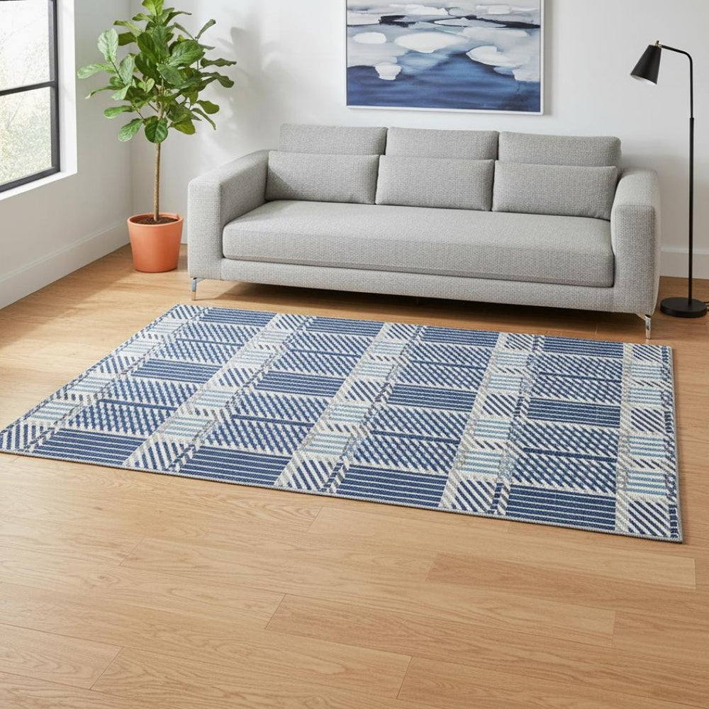 HomeRoots 5' X 8' Washable Navy Blue, Ivory & Gray Plaid Area Rug with UV Protection for Family-Friendly Style 678738