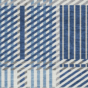 HomeRoots 5' X 8' Washable Navy Blue, Ivory & Gray Plaid Area Rug with UV Protection for Family-Friendly Style 678738