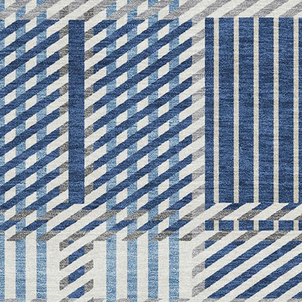 HomeRoots 5' X 8' Washable Navy Blue, Ivory & Gray Plaid Area Rug with UV Protection for Family-Friendly Style 678738