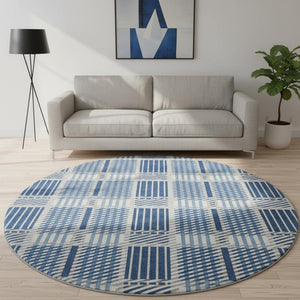 HomeRoots 8' Washable Round Rug in Navy Blue, Ivory & Gray Plaid - Stain Resistant with UV Protection for Homes 678739