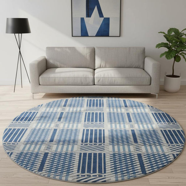 HomeRoots 8' Washable Round Rug in Navy Blue, Ivory & Gray Plaid - Stain Resistant with UV Protection for Homes 678739