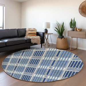 HomeRoots 8' Washable Round Rug in Navy Blue, Ivory & Gray Plaid - Stain Resistant with UV Protection for Homes 678739
