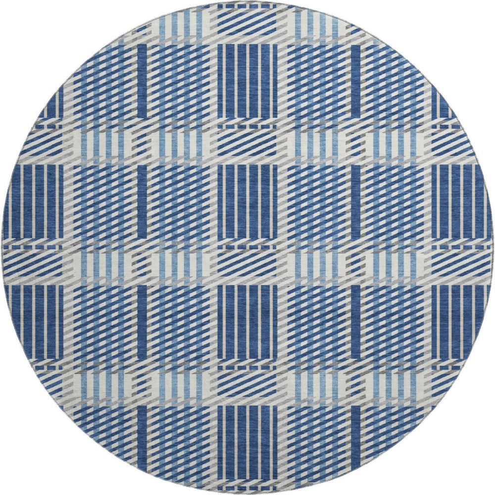 HomeRoots 8' Washable Round Rug in Navy Blue, Ivory & Gray Plaid - Stain Resistant with UV Protection for Homes 678739