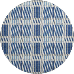 HomeRoots 8' Washable Round Rug in Navy Blue, Ivory & Gray Plaid - Stain Resistant with UV Protection for Homes 678739