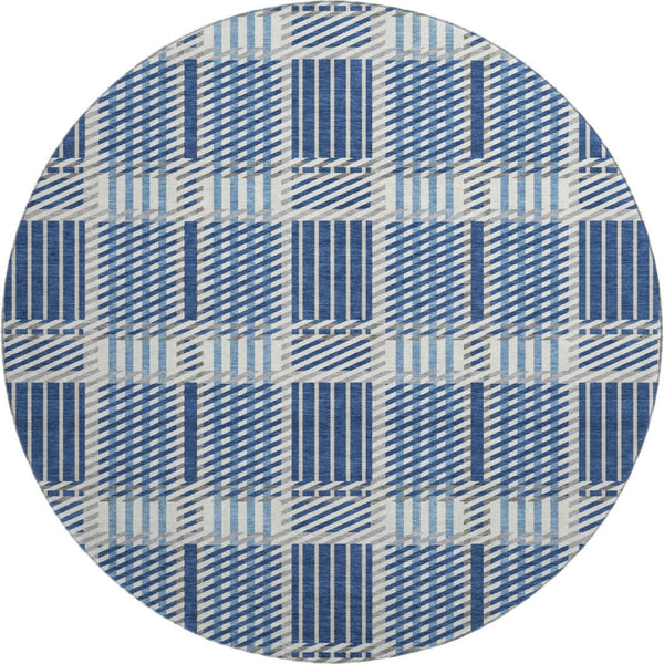 HomeRoots 8' Washable Round Rug in Navy Blue, Ivory & Gray Plaid - Stain Resistant with UV Protection for Homes 678739