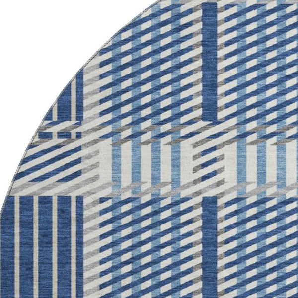HomeRoots 8' Washable Round Rug in Navy Blue, Ivory & Gray Plaid - Stain Resistant with UV Protection for Homes 678739