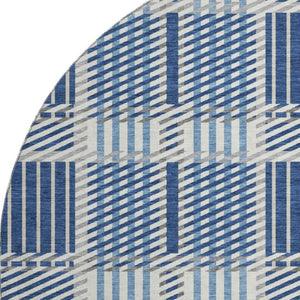 HomeRoots 8' Washable Round Rug in Navy Blue, Ivory & Gray Plaid - Stain Resistant with UV Protection for Homes 678739