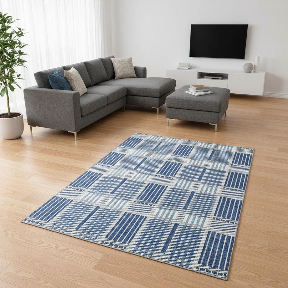 HomeRoots 8' X 10' Stylish Navy Blue Plaid Area Rug - Washable, UV-Protected, Durable for Family Homes & Pets 678740