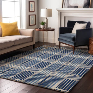 HomeRoots 8' X 10' Stylish Navy Blue Plaid Area Rug - Washable, UV-Protected, Durable for Family Homes & Pets 678740