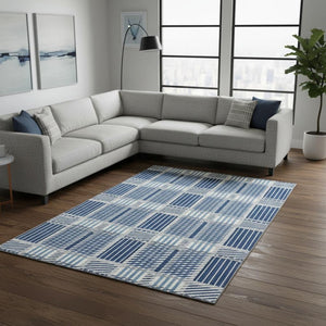 HomeRoots 9' X 12' Stylish Navy, Ivory & Gray Plaid Area Rug - Washable, UV Protected, Stain-Resistant Design 678741
