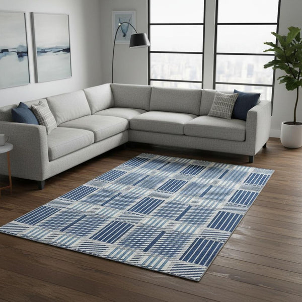 HomeRoots 9' X 12' Stylish Navy, Ivory & Gray Plaid Area Rug - Washable, UV Protected, Stain-Resistant Design 678741