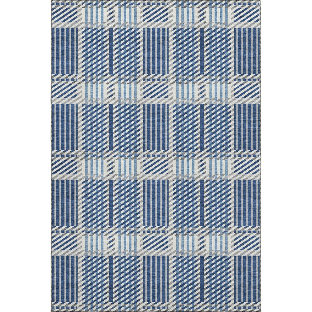 HomeRoots 9' X 12' Stylish Navy, Ivory & Gray Plaid Area Rug - Washable, UV Protected, Stain-Resistant Design 678741